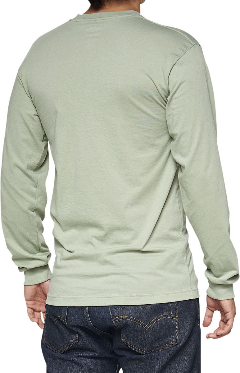 Bill's Exhausts 100% Bilto long-sleeve T-shirt in slate green, small size, showing front view with crew neckline and long sleeves.