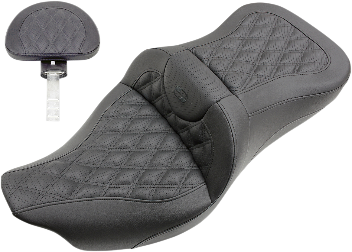 Black Saddlemens Roadsofa seat with full lattice stitch and backrest, designed for Harley FLHTCUTG models, brand Bill's Exhausts.