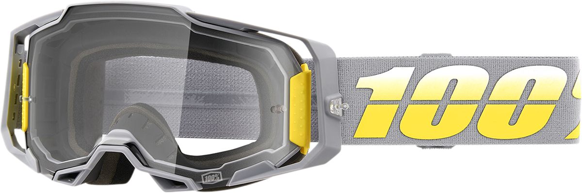 Bill's Exhausts 100% Armega Complex Goggles with clear lenses, designed for eye protection and comfort during outdoor activities.