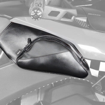 Bill's Exhausts SHOW CHROME dual side tank pouch for Ryker 2019-2024, ballistic nylon with black stitching on motorcycle.