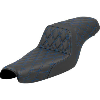 SADDLEMEN Step-Up motorcycle seat with blue lattice stitching, XL size, designed for Harley-Davidson models 2004-2022