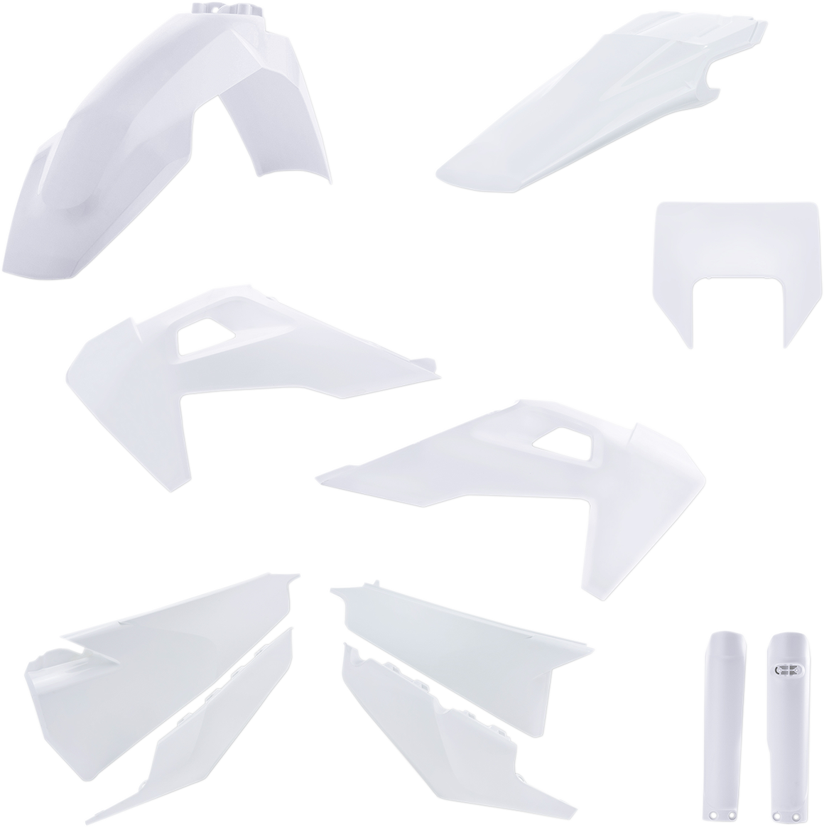 A white ACERBIS full replacement body kit for a vehicle, featuring smooth panels and aerodynamic design.