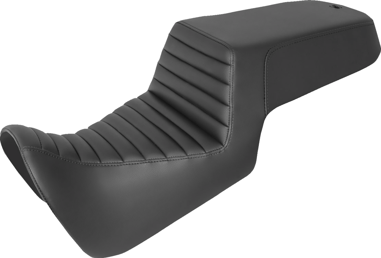 Black SADDLEMEN Step Up Front Tuck-n-Roll and rear smooth motorcycle seat by Bill's Exhausts, showing detailed stitching and contours.