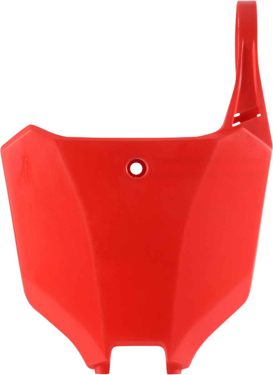 Red Acerbis front number plate for motorcycles, featuring a sleek body design with mounting holes for easy installation.