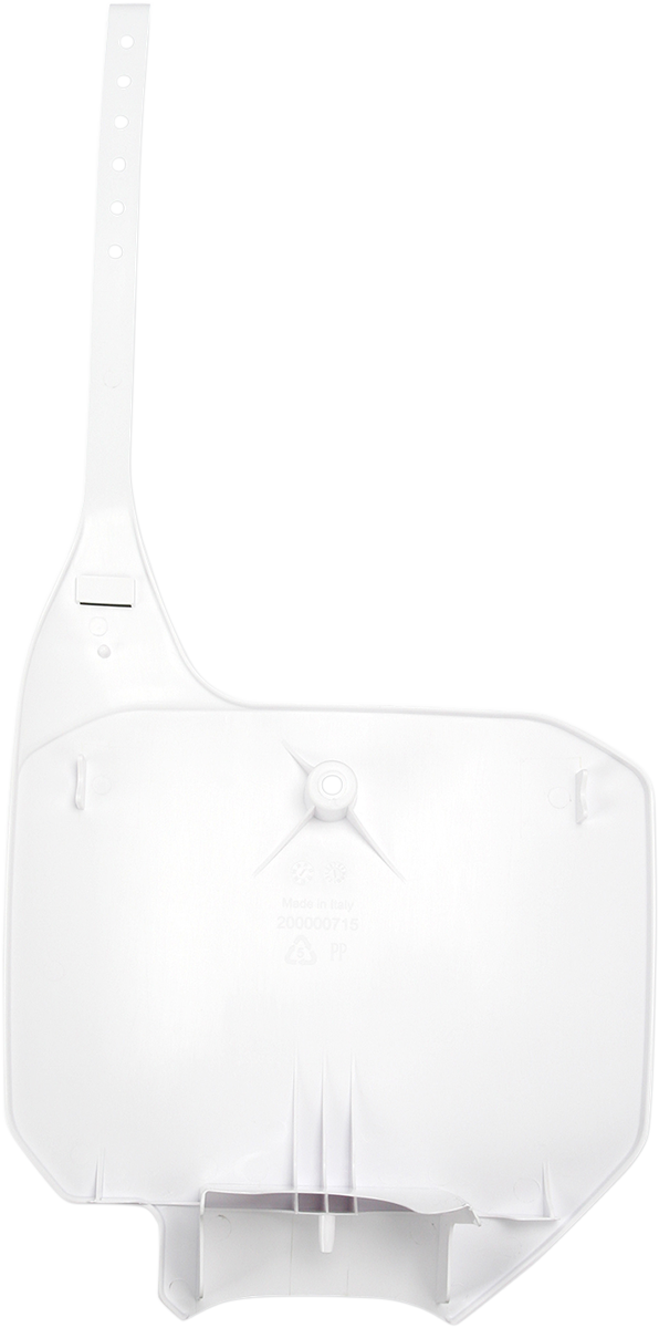 Acerbis white front number plate for motorcycle, body part with mounting holes, displaying Acerbis branding and sleek design.