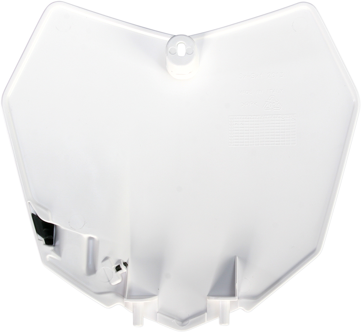 Acerbis white front number plate for motorcycles, featuring a sleek body design and mounting holes, branded with Acerbis logo.