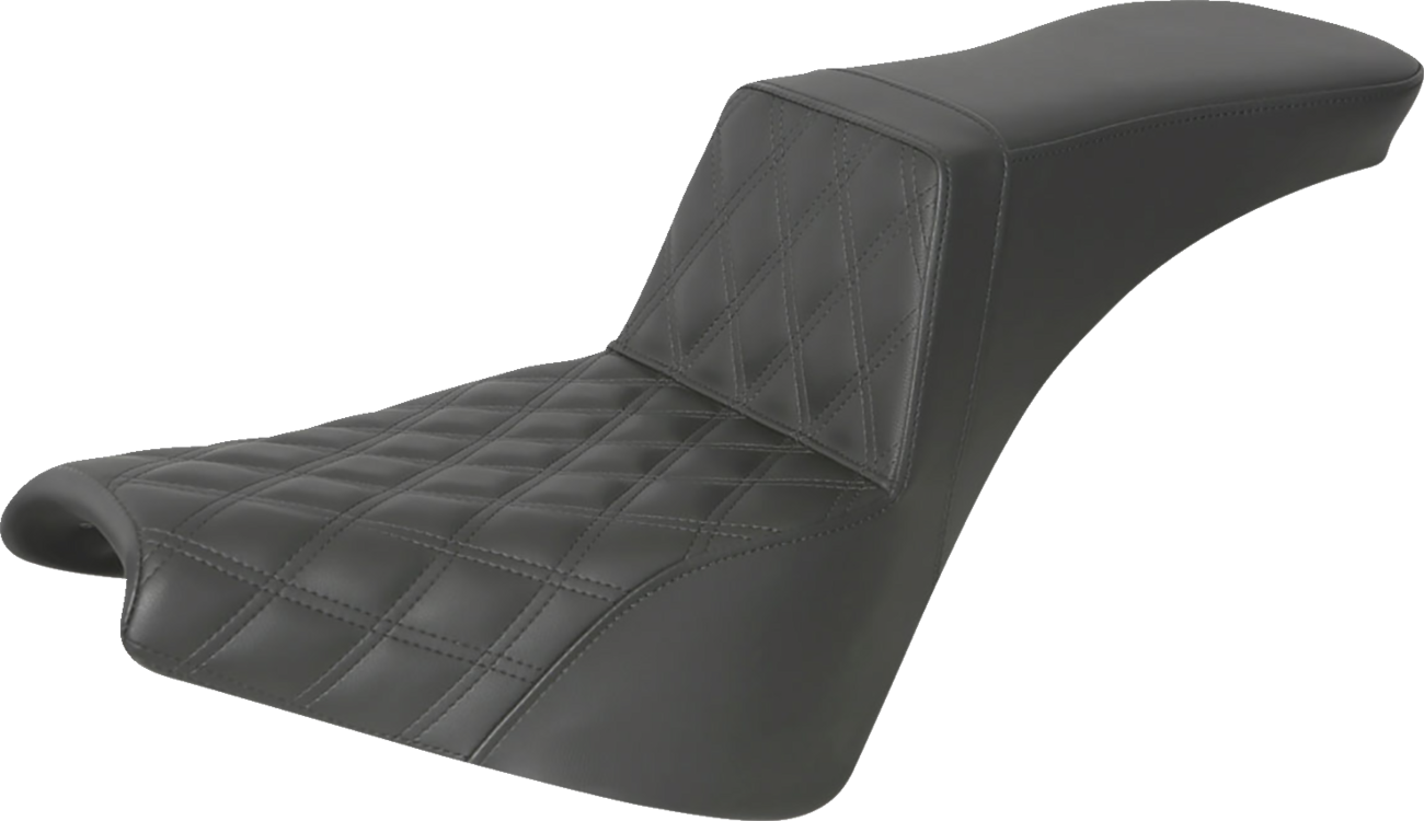 Black Saddlemens Step-Up Seat with front lattice stitch for motorcycles, designed for comfortable riding and stylish appearance.