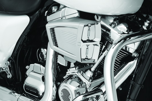 Kuryakyn Precision Tappet Block Accent with chrome finish for 2017+ Milwaukee-8 engines, showcasing detailed metallic design.