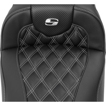 Bill's Exhausts SADDLEMEN Roadsofa™ extended reach motorcycle seat with lattice stitch and silver stitching, without backrest.