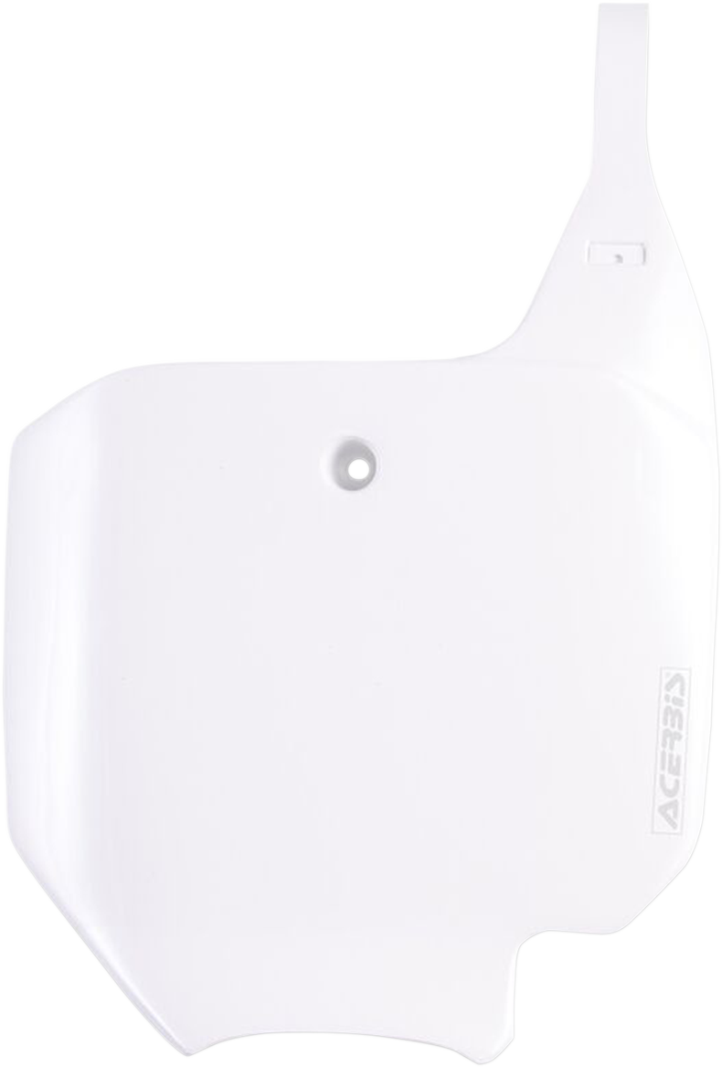 White Acerbis front number plate mounted on a motorcycle body, featuring the brand's logo and clean design.
