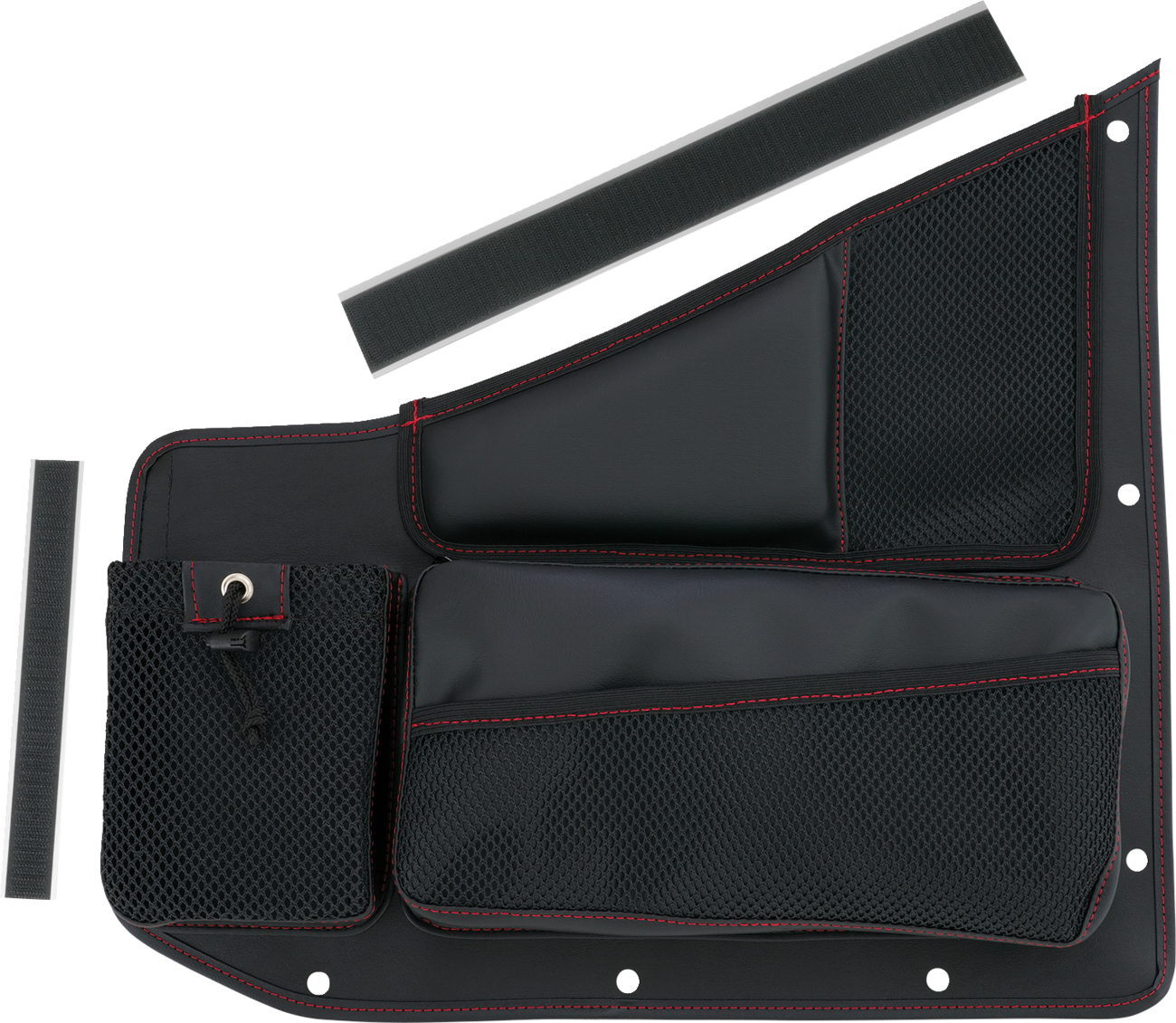 Bill's Exhausts SHOW CHROME Kaliber Passenger Organizer in black with red stitching, engine accessory with sleek design.