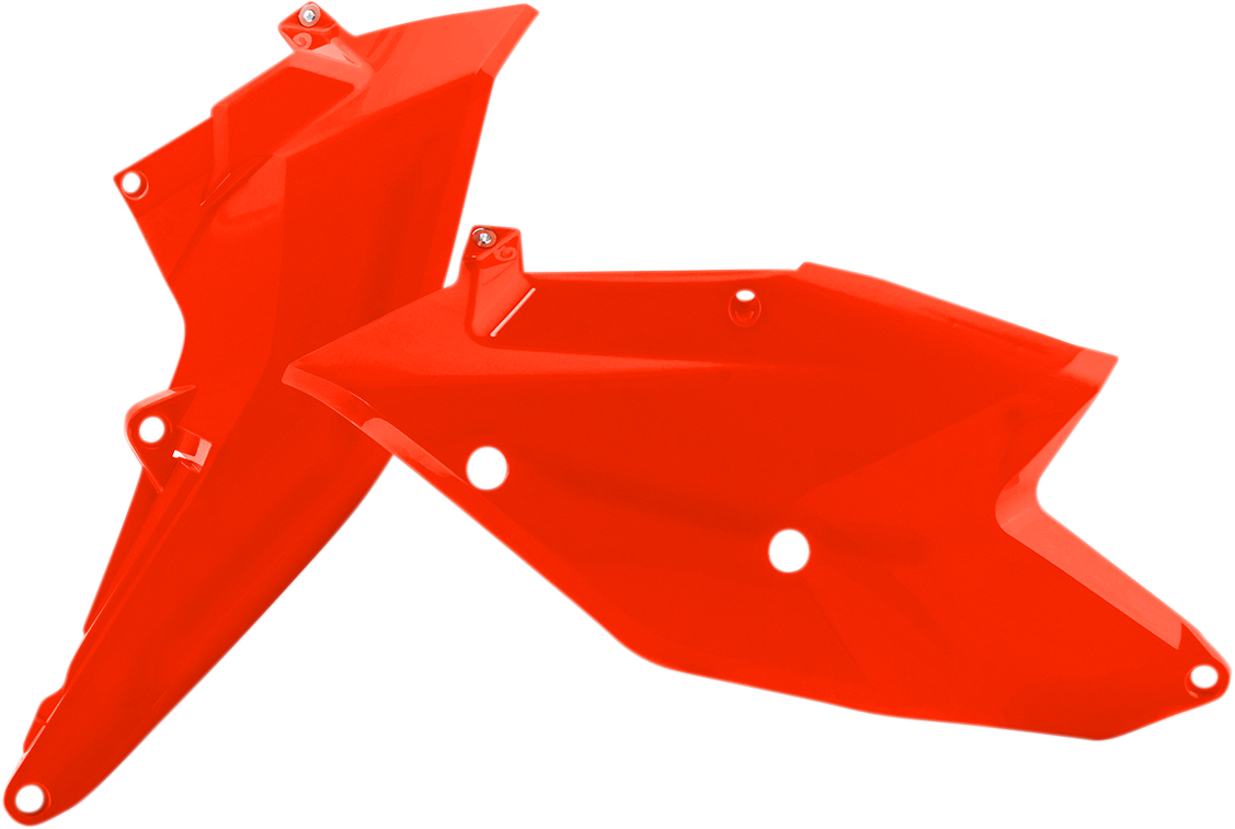 Acerbis fluorescent orange motorcycle side panel with body design, showcasing vibrant color and sleek shape.