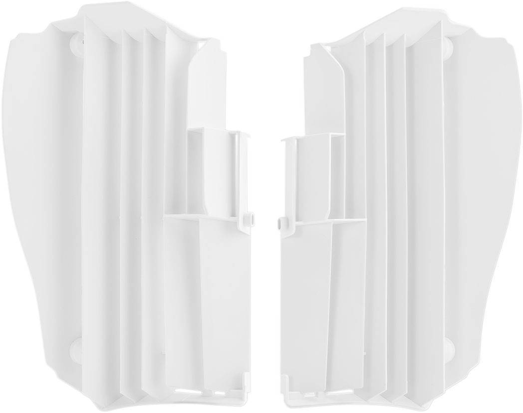White Acerbis radiator louvers for Yamaha motorcycles, body parts designed to protect and improve radiator airflow.