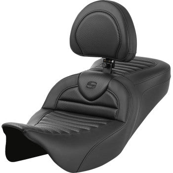 Bill's Exhausts SADDLEMEN Roadsofa™ motorcycle seat with backrest, Tuck-n-Roll design, carbon fiber finish for FL models 2008-2023.