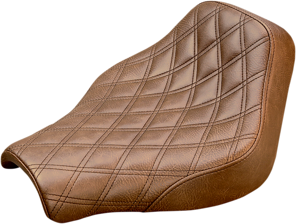 SADDLEMEN Renegade Solo Seat with lattice stitching in brown for motorcycle, designed for comfort and style.