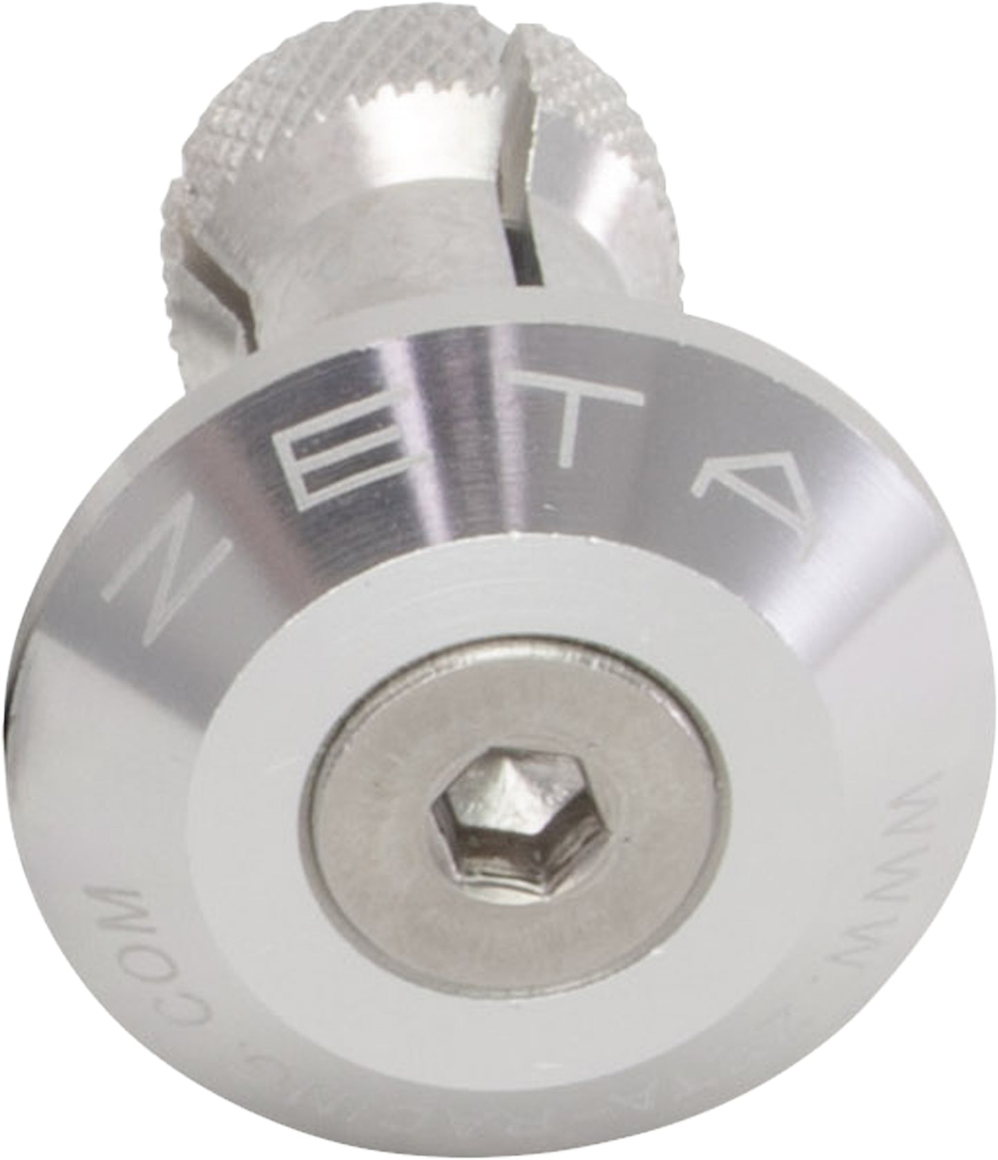 Silver ZETA ZE48-7001 motorcycle handlebar end plug with aluminum hardware, shown installed on a motorcycle handlebar.