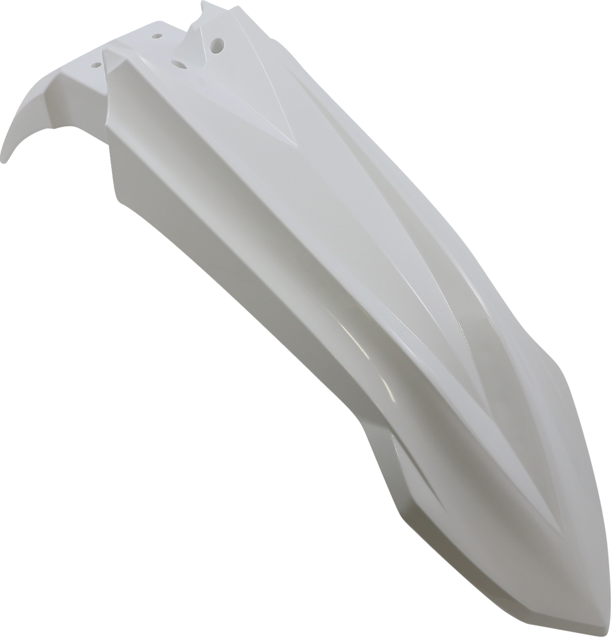 White Acerbis front fender for motorcycle, body part with mounting points, designed for durability and style.