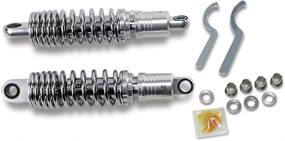 Chrome DRAG SPECIALTIES shocks, premium ride-height adjustable motorcycle shocks, 11.5 inches, model C16-166NUA