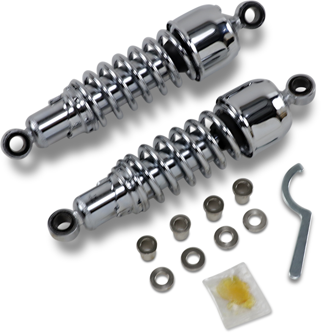 Chrome Drag Specialties shocks, 11.5-inch replacement shock absorbers, designed for motorcycle suspension upgrades.