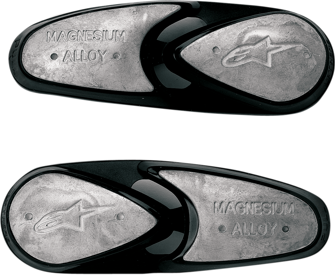 Alpinestars Magnesium Boot Toe Sliders on black motorcycle boots with metallic finish, designed for sportbike riding.