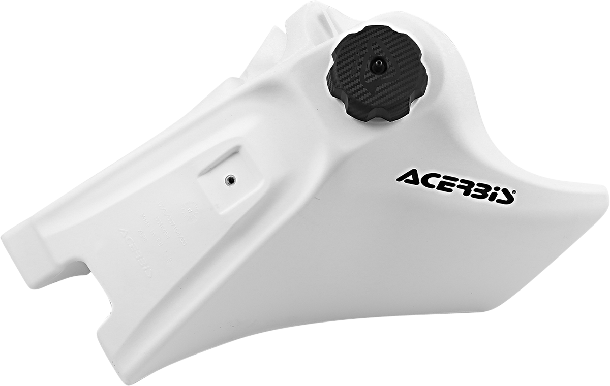 White Acerbis gas tank for Yamaha, 2.2-gallon capacity, motorcycle body part with Bill's Exhausts branding.