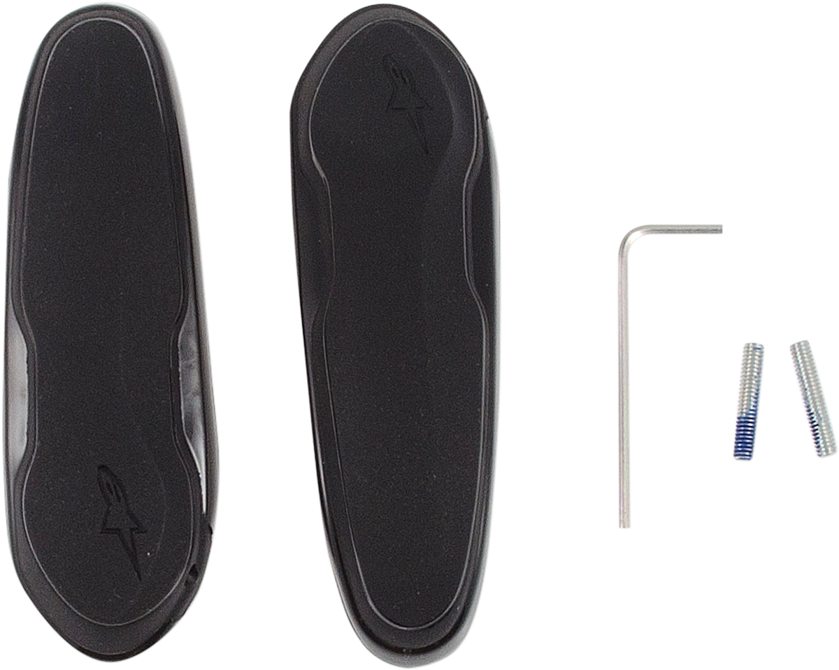 Black ALPINESTARS SMX6 toe sliders for motorcycle boots, designed for durability and enhanced grip.