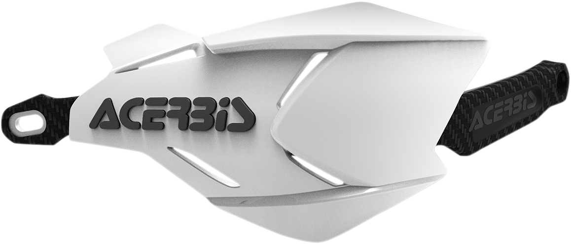 Acerbis X-Factory handguards in white and black mounted on motorcycle handlebars.