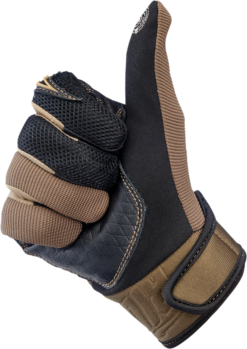 BILTwell Baja gloves in chocolate color, large size, made of durable material, designed for motorcycle riding comfort and protection.