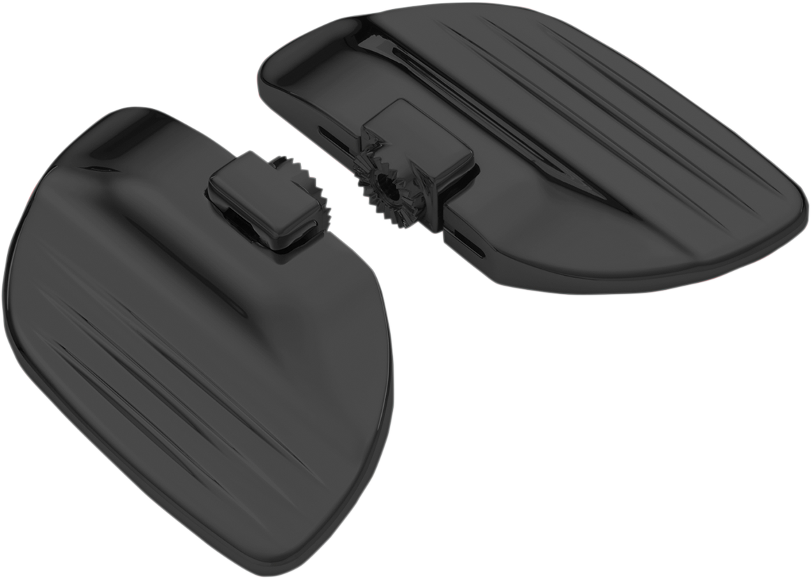 Bill's Exhausts Show Chrome Driver Floorboards in satin black, engine accessories for motorcycle foot support.