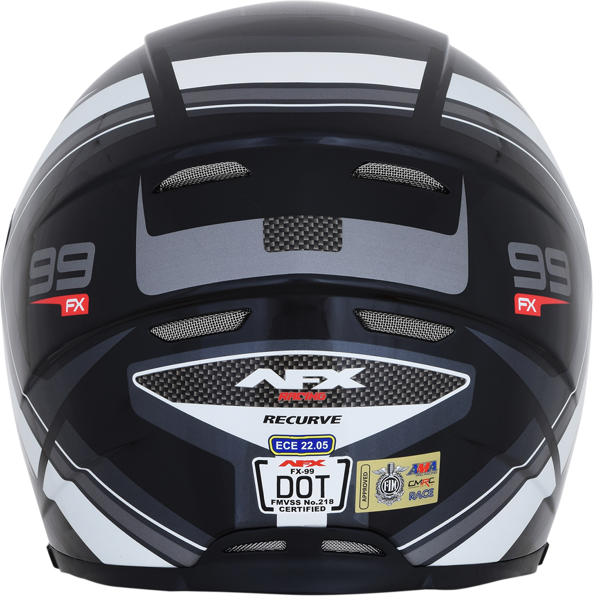 AFX FX-99 helmet in black and white with recurve design, XL size, featuring a sleek, aerodynamic helmet for motorcycling safety.