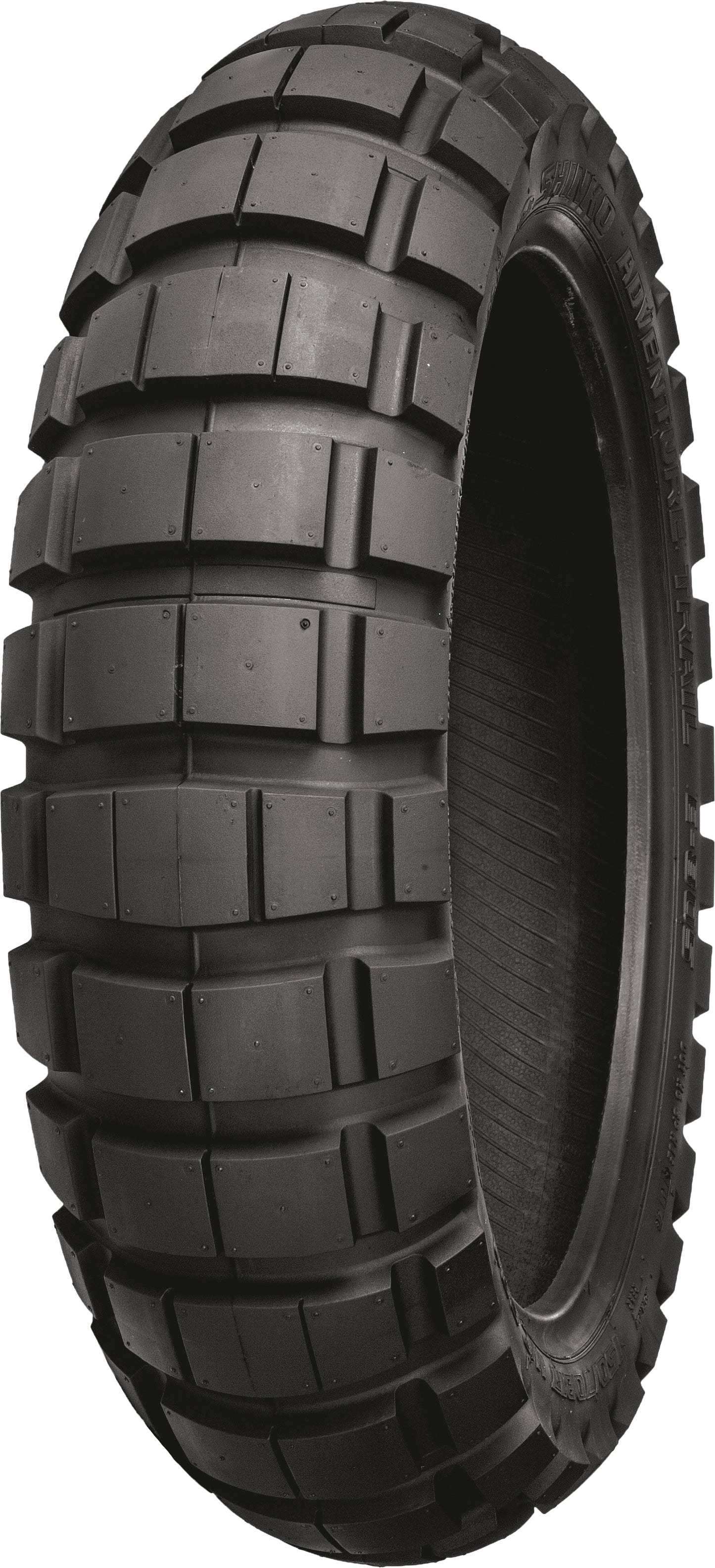 SHINKO 805 dual sport rear tire 140/80-17 with off-road and on-road tread pattern, suitable for versatile motorcycle riding.
