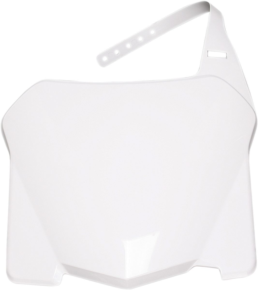 A white ACERBIS front number plate mounted on a vehicle, showcasing the body part with clear mounting edges and branding details.