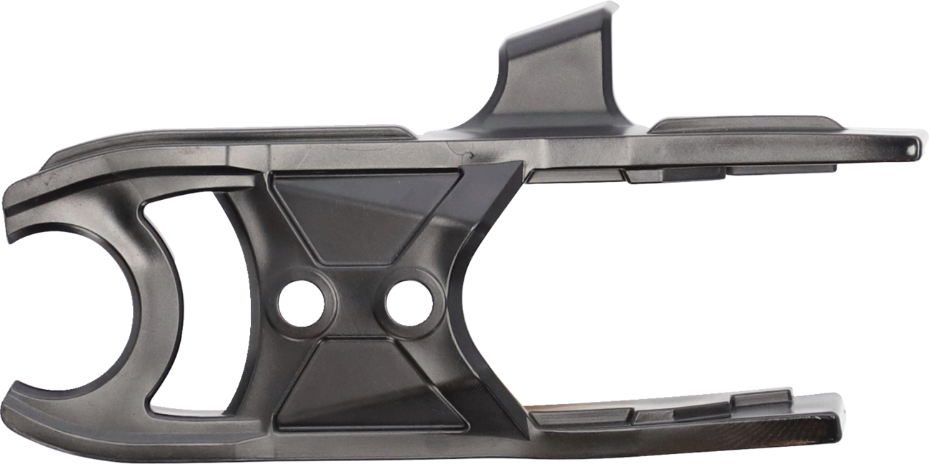 A black Acerbis chain slider for Yamaha YZ85 motorcycle, mounted on the bike's chain area, providing protection and smooth operation.