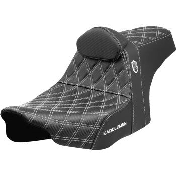 SADDLEMEN Pro Series SDC performance motorcycle seat with white stitching and backrest for FLT/FLH 2023-2025, shown on a motorcycle.