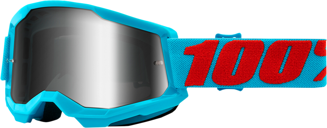 Bill's Exhausts 100% Strata 2 Summit goggles with silver mirror lenses, featuring sleek black frames and adjustable straps.
