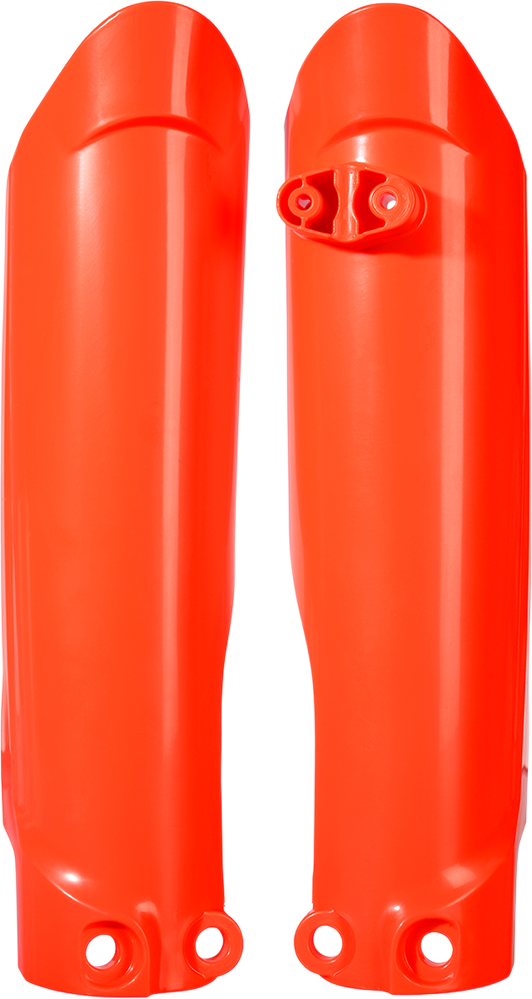 A pair of ACERBIS fluorescent orange lower fork covers for inverted motorcycle forks, designed for durability and visibility.