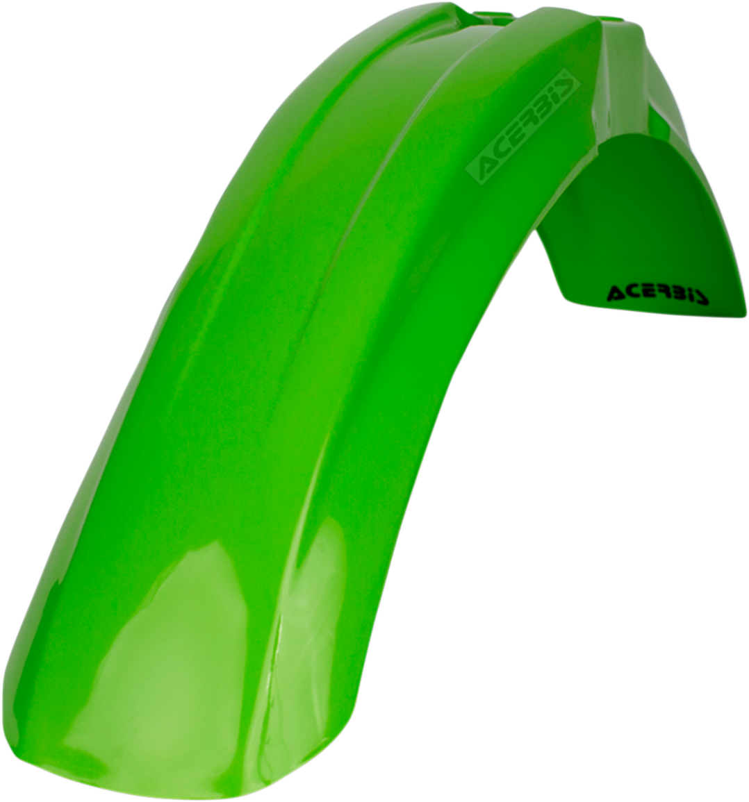 A green Acerbis front fender for motorcycle, made of durable body material, designed to fit and protect the bike's front wheel.