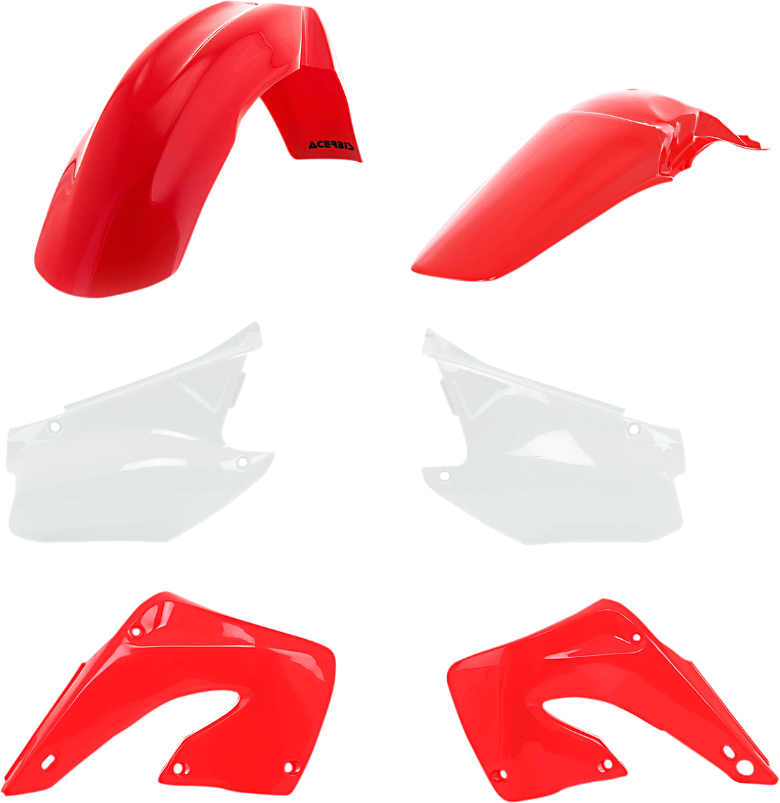 Acerbis OEM 2001 body kit replacement parts for motorcycle, including fenders and panels, displayed on a white background.