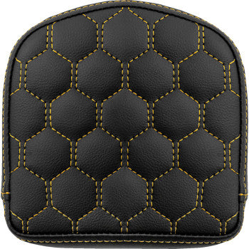 SADDLEMEN RoadSofa™ sissy bar pad in honeycomb design with gold stitching, crafted for motorcycle passenger comfort and style.