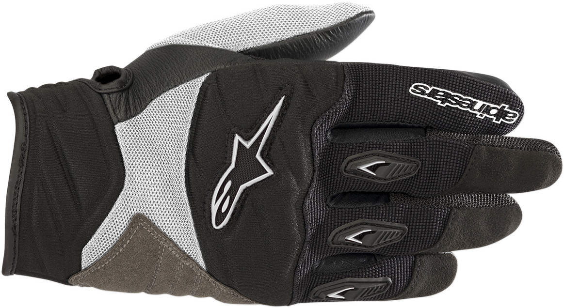 Alpinestars Women Stella Shore gloves in black and white, XS size, showcasing the motorcycle glove design and brand logo.