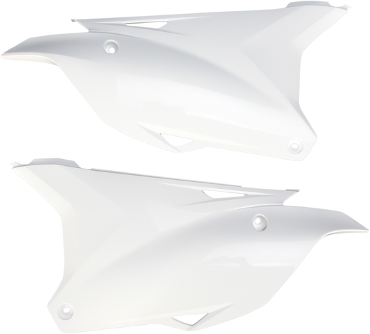 A pair of white Acerbis side panels for motorcycle body, designed for easy installation and a sleek look.