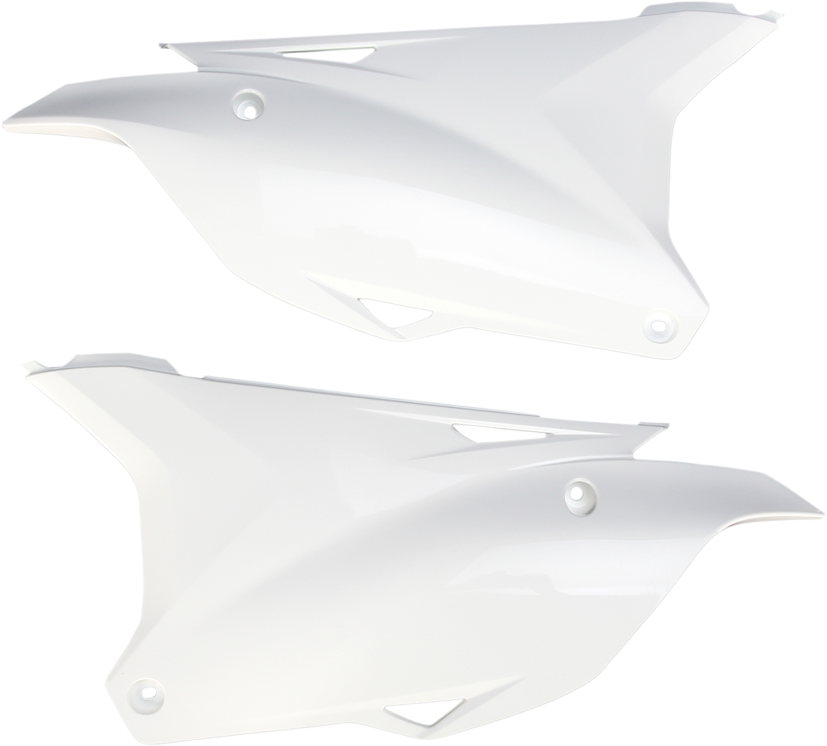 A pair of white Acerbis side panels for motorcycle body, designed for easy installation and a sleek look.