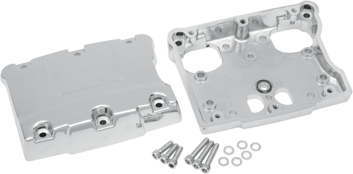 Chrome rocker box for Twin Cam motorcycles, designed by DRAG SPECIALTIES, featuring a polished finish and detailed craftsmanship