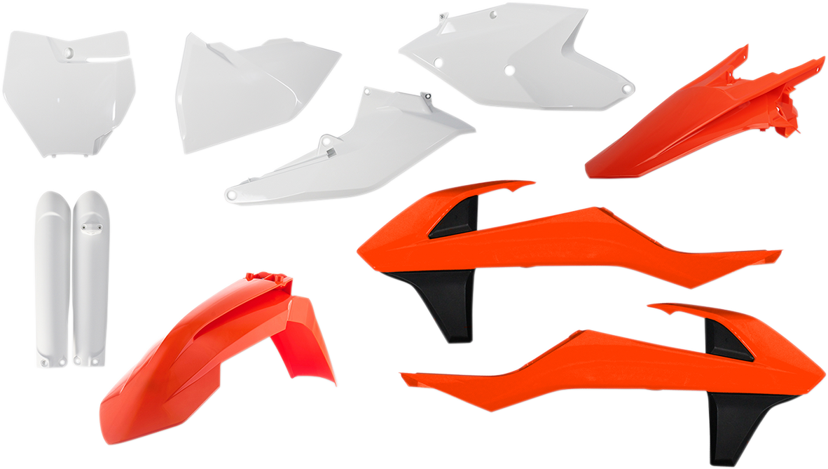 ACERBIS OEM full replacement motorcycle body kit in orange, white, and black with detailed panels on a motorcycle.