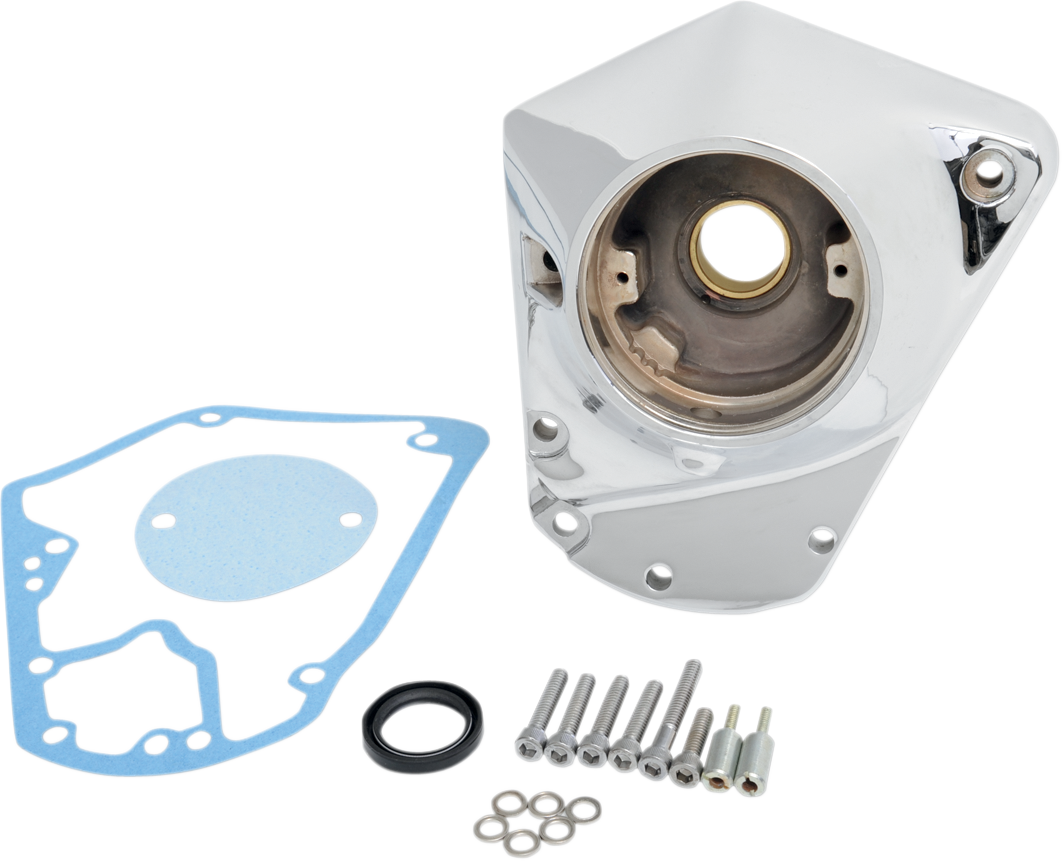 Chrome cam cover for Big Twin motorcycle by Drag Specialties, featuring a polished finish and detailed design.