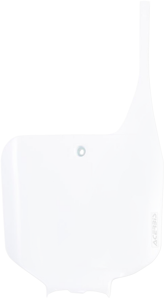 White ACERBIS front number plate for motorcycles, mounted on a vehicle's body, with the product code 2042220002.