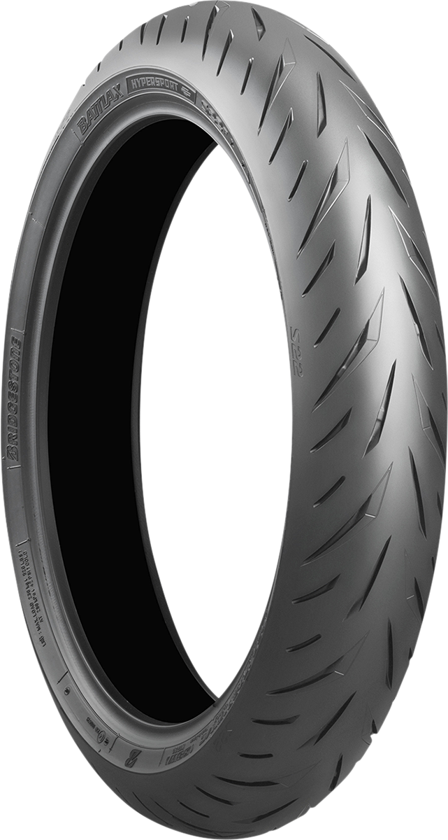 Bridgestone Battlax S22 Hypersport front motorcycle tire 120/70ZR17 with tread pattern for superior handling and grip.
