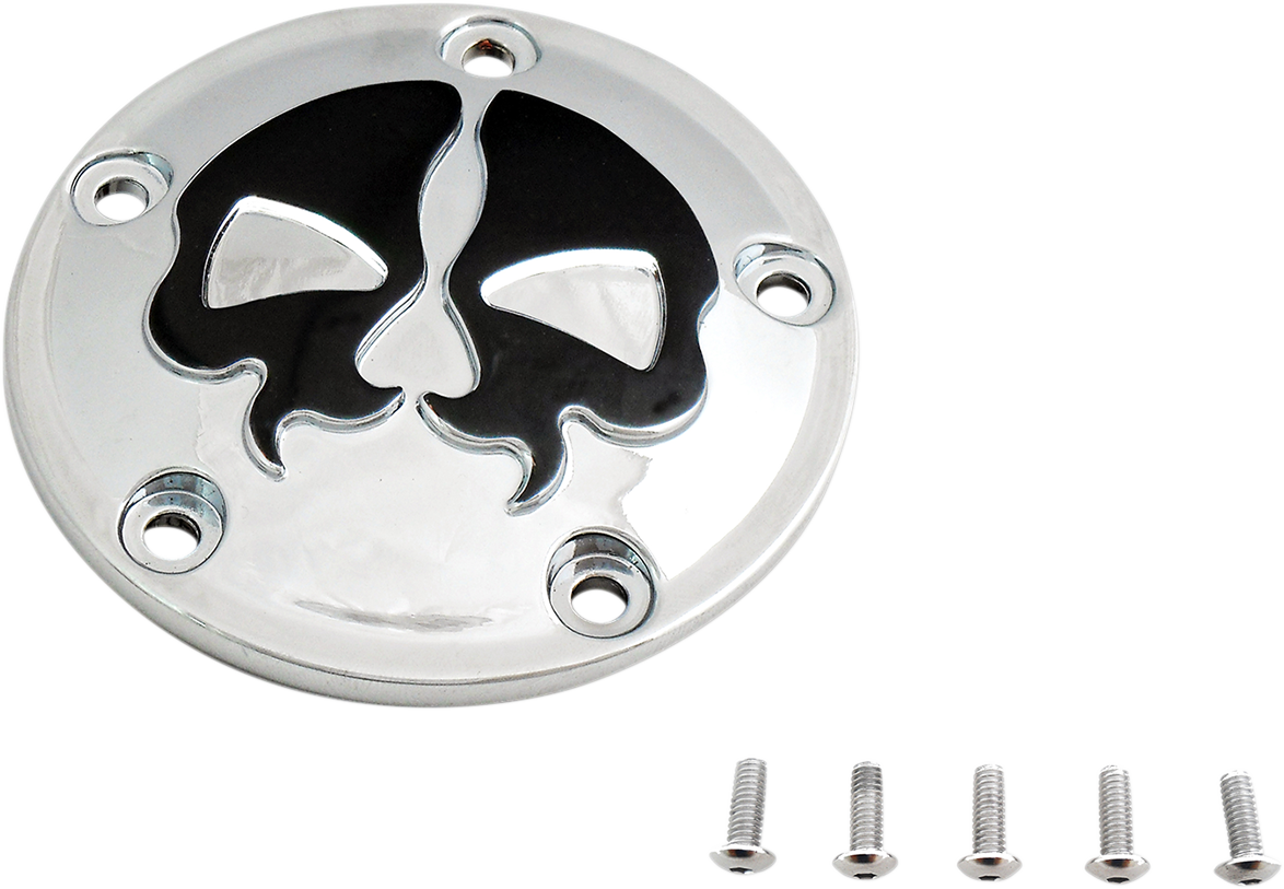 Drag Specialties chrome black skull points cover for Twin Cam motorcycle engine, featuring a detailed skull design.