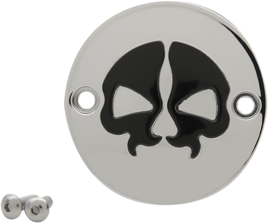 Chrome and black skull points cover for M8 motorcycles with 2-hole mount, by Drag Specialties, featuring a detailed skull design.