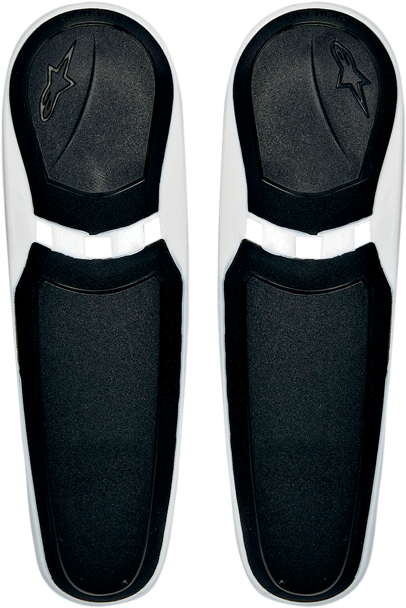 Alpinestars SMX Plus toe sliders in black and white for motorcycle boots, designed for durability and performance.
